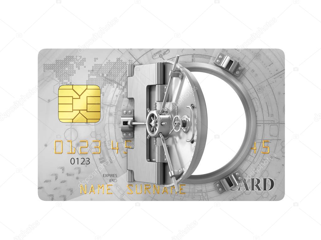 Finance concept. Credit card with safe opened door. 3d illustrat