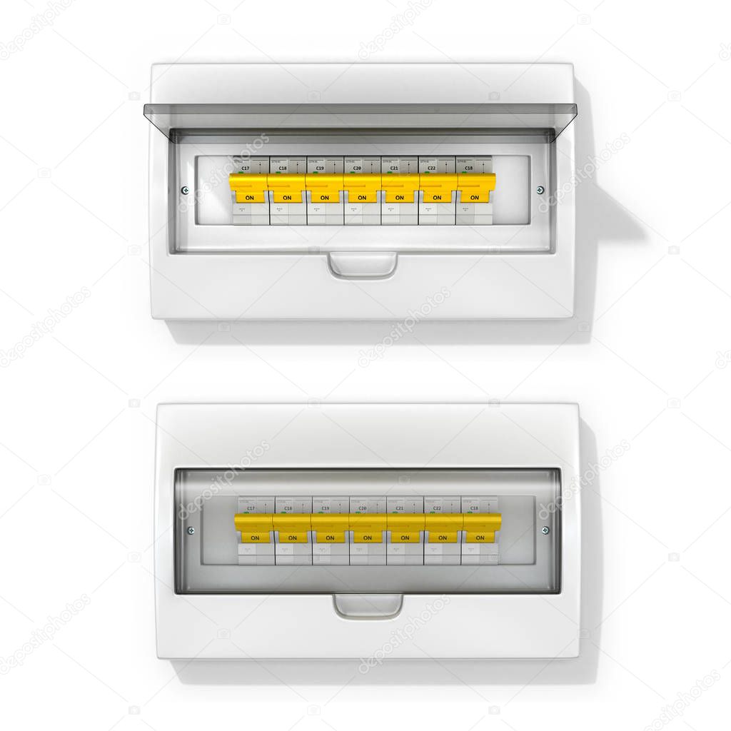 Board with circuit breakers. On a white background. 3d illustrat