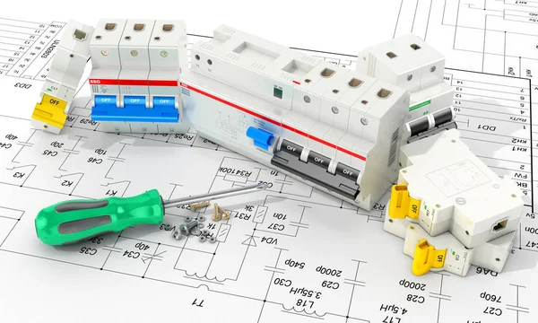 Circuit breakers on the electronic circuit. 3D illustration