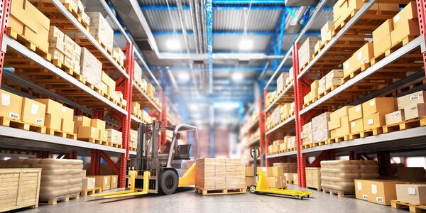 Concept of warehouse. The forklift between rows in the big wareh