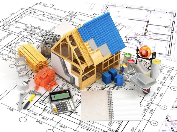 Building and construction materials located on top of the drawin — Stock Photo, Image