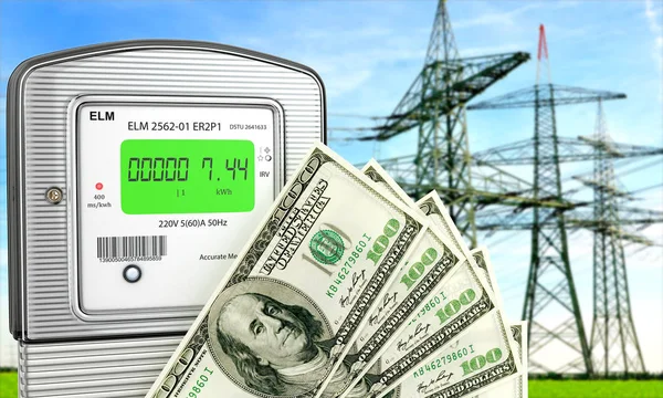 Electric meter with dollars. The concept of economy. 3d illustra — Stock Photo, Image