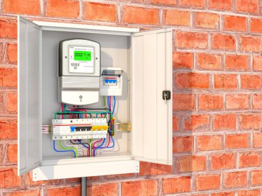 Devre kesiciler metal bir kutu içinde olan elektrik ölçer. 3D illustra
