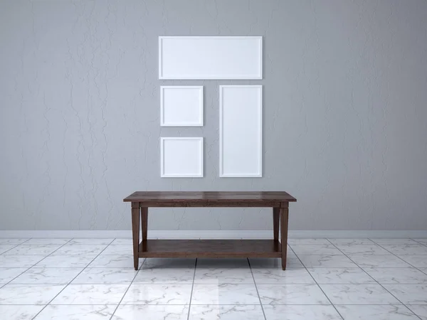 Puste ramki w pokoju z drewnianym stole. ilustracja 3D — Zdjęcie stockowe