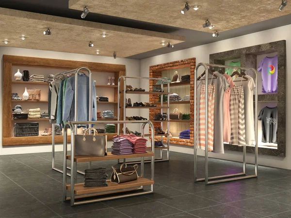 Modern store interior with clothes, 3d illustration — Stock Photo, Image