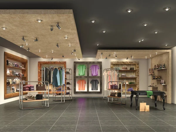 Moderno interior boutique con ropa, ilustración 3d — Foto de Stock