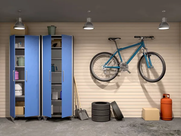 Garage med många saker och cykel, 3d illustration — Stockfoto