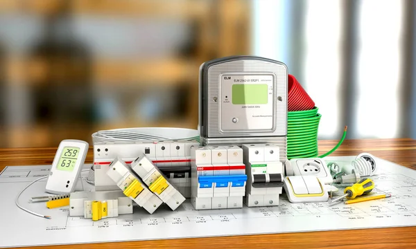 Verschiedene elektrische Produkte in den Ladenregalen. 3D-Illustration — Stockfoto