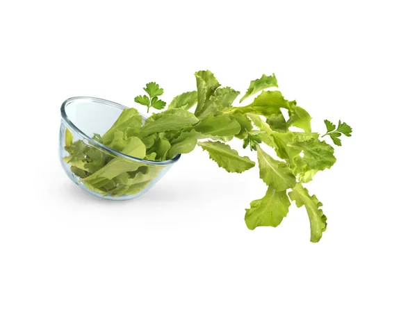 Salad hijau terbang dari piring kaca — Stok Foto