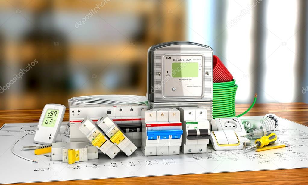 Various electric products on the store shelves. 3d illustration