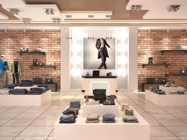 Магазин современной мужской одежды в торговом центре. 3d иллюстрация — стоковое фото