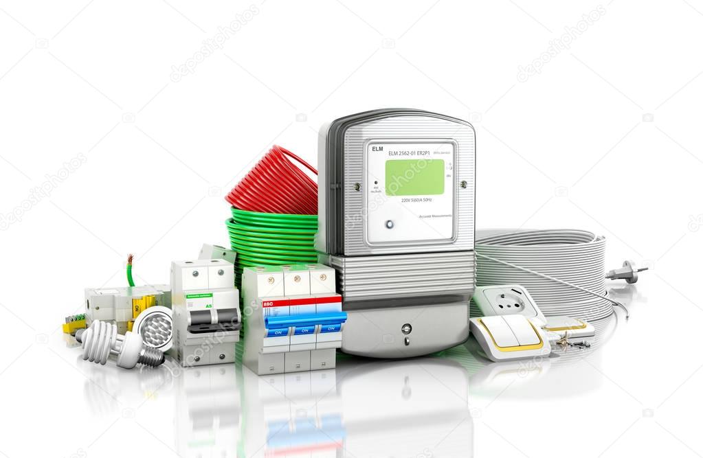 A variety of electrical products on a white background. 3D illus