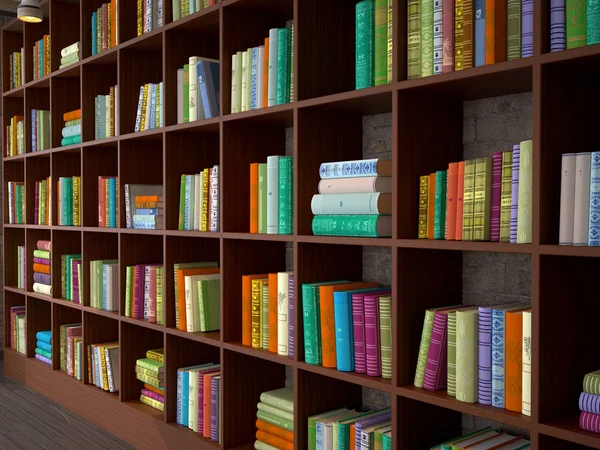 Bastidores de madera con diferentes libros. Biblioteca. ilustración 3d . —  Fotos de Stock