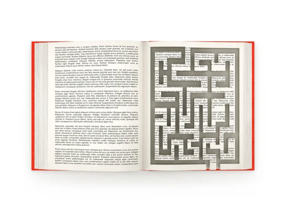 Open boek met labyrint, geïsoleerd op een witte achtergrond. 3D illus — Stockfoto