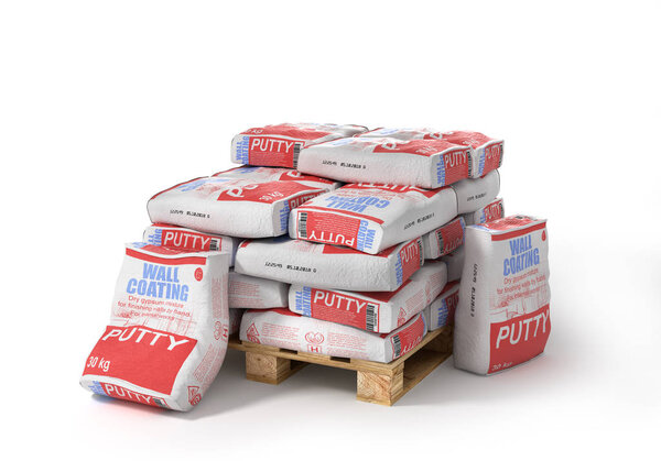 Putty bags stack on wooden pallet. Paper sacks isolated on white