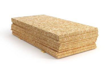 Beyaz bir arka plan üzerinde izole odaklı strand board yığını. 3