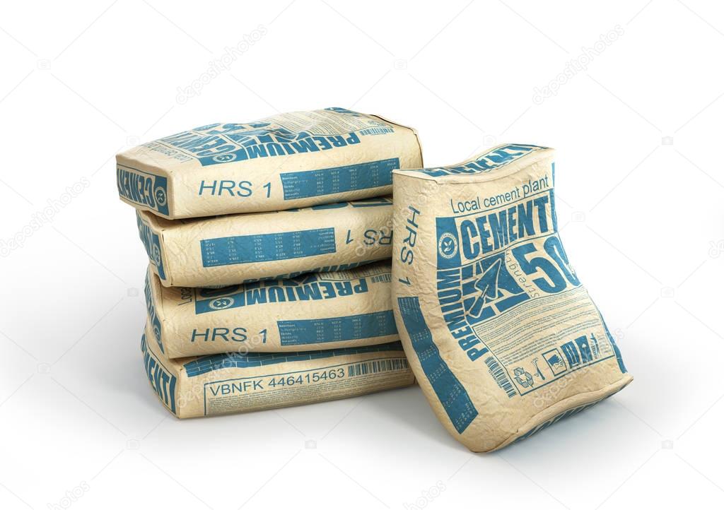 Cement bags stack. Paper sacks isolated on white background. 3d 