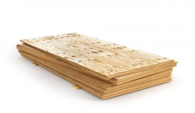Beyaz bir arka plan üzerinde plywoods yalıtım yığını. 3D illustrati