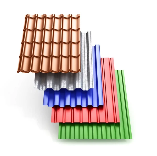 Stack of different types metal roof coating. 3d illustration — Stock Photo, Image