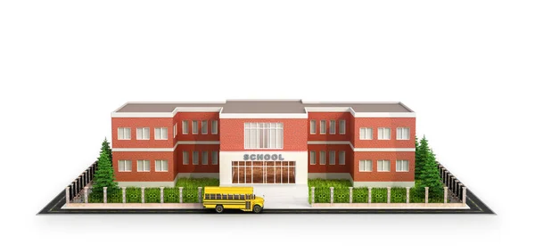 Edificio escolar, autobús y patio delantero del edificio escolar. Isol — Foto de Stock