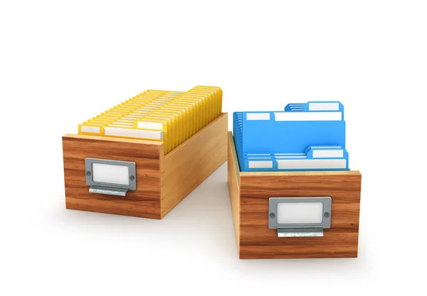 Caixa de madeira com arquivos arquivados e pastas, isolado em branco ba — Fotografia de Stock