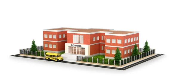 Okul binası, otobüs ve ön bahçede. Düz stil vektör illustrat — Stok fotoğraf