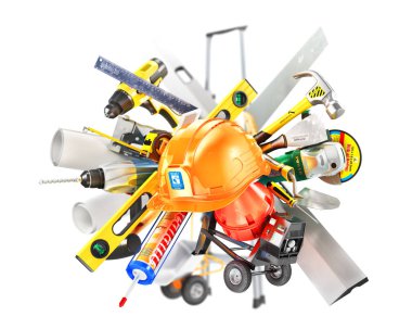İnşaat kavramı. İnşaat araçları çevresinde beyaz izole kask. 3D çizim