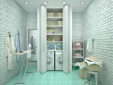 beyaz çamaşır odası tuğla duvarlar ile doldurulmuş. 3D çizim