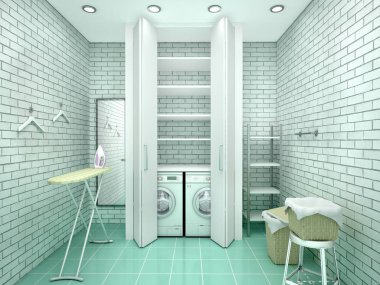 Tuğla duvarlı boş beyaz çamaşır odası. 3D çizim