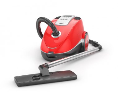 Beyaz bir arka plan üzerinde izole kırmızı elektrikli süpürge. 3D çizim