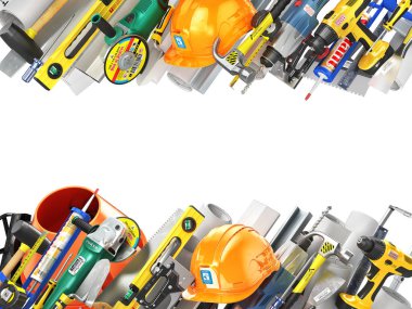 İnşaat kavramı. İnşaat araçları beyaz izole bir taraf boyunca. 3D çizim