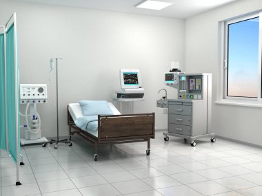 parlak hastane odası ekipmanları ile. 3D çizim