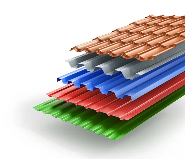 Стек различных типов металлического покрытия крыши. 3d иллюстрация — стоковое фото