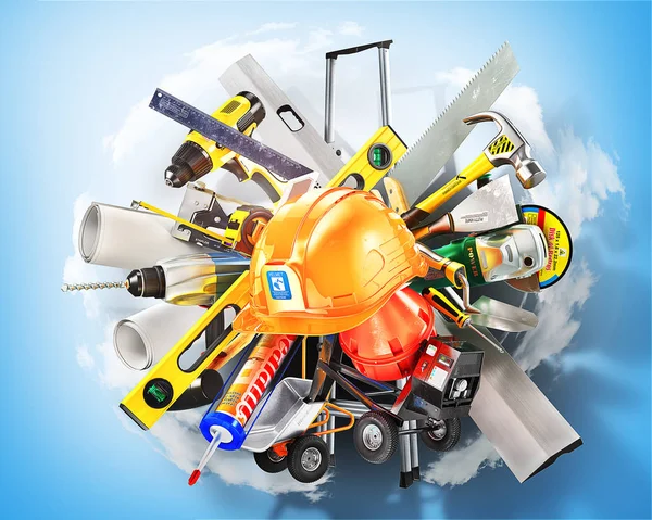 Construction concept. Construction tools around helmet on a blue with clouds. 3d illustration — Stock Photo, Image