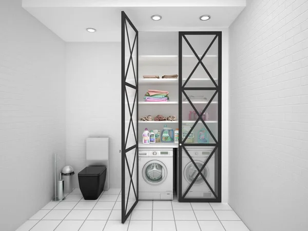Fehér mosoda a fürdőszobában. 3D-s illusztráció — Stock Fotó