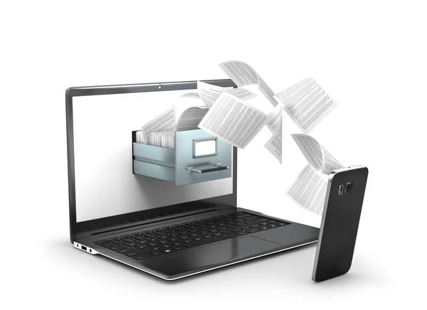 Concept of data transmission. Flying documents from a laptop arc — Stock Photo, Image