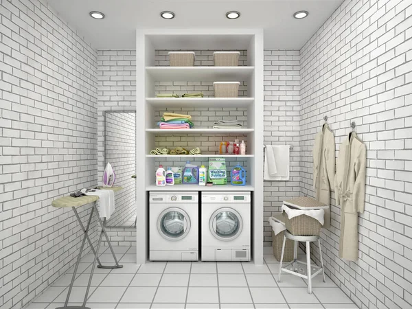 Weiße Waschküche mit Ziegelwänden. 3D-Illustration — Stockfoto