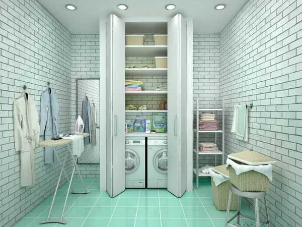 beyaz çamaşır odası tuğla duvarlar ile doldurulmuş. 3D çizim