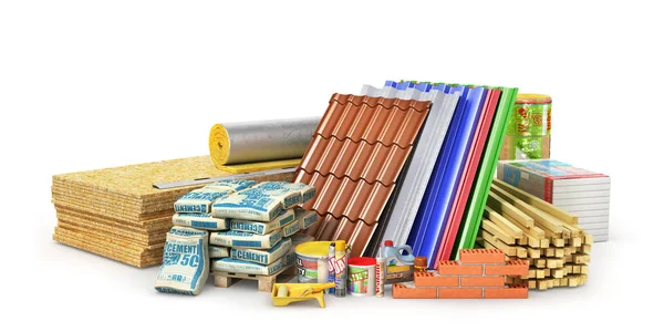 Conjunto de materiales de construcción y herramientas aisladas sobre fondo blanco. ilustración 3d — Foto de Stock