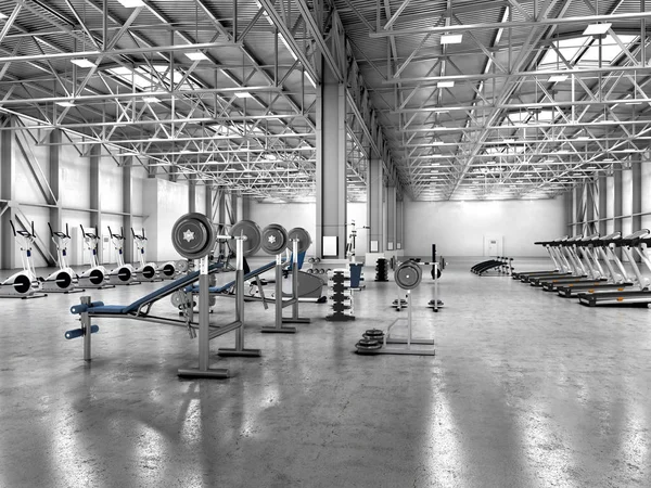 Sala de exercícios com equipamento no hangar. ilustração 3d — Fotografia de Stock