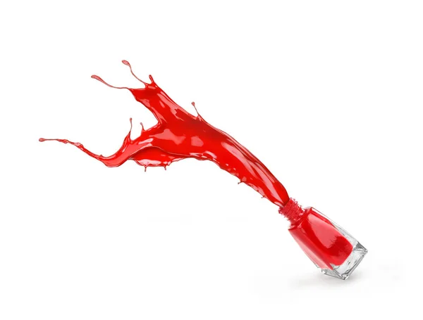 白で隔離ガラス瓶から赤いマニキュア スプラッシュ — ストック写真