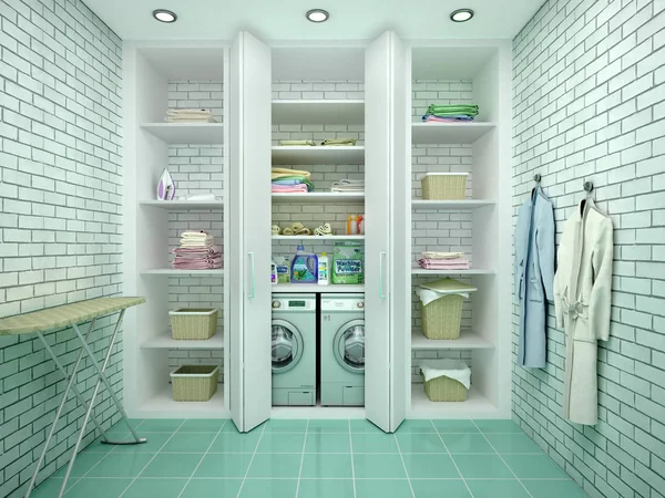 Lavadero blanco con estantes y paredes de ladrillo. ilustración 3d —  Fotos de Stock