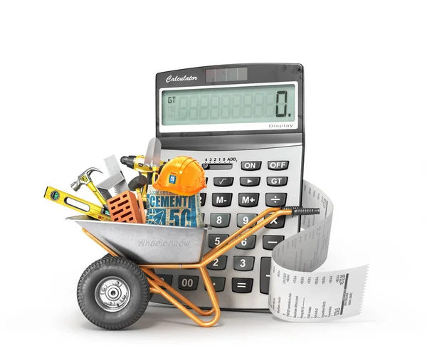 Construction costs concept. Construction tools in the wheelbarrow near calculator with a check isolated on a white. 3d illustration — Stock Photo, Image