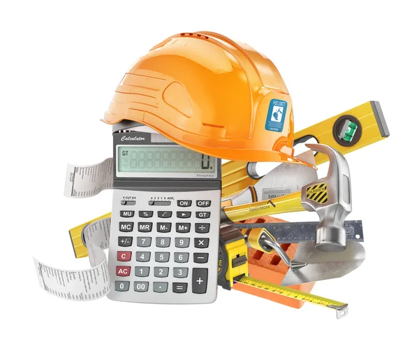 Construction costs concept. Construction tools near calculator with a check isolated on a white. 3d illustration — Stock Photo, Image