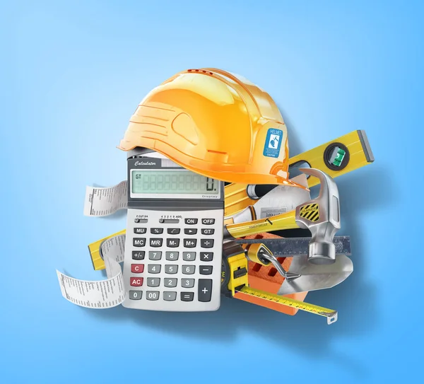 Baukostenkonzept. Bauwerkzeuge in der Nähe von Taschenrechner mit einem Check auf einem blauen. 3D-Illustration — Stockfoto