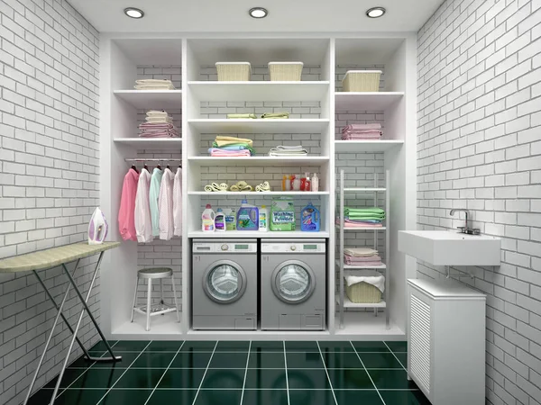 Entwurf einer Waschküche mit weißen Regalen. 3D-Illustration — Stockfoto