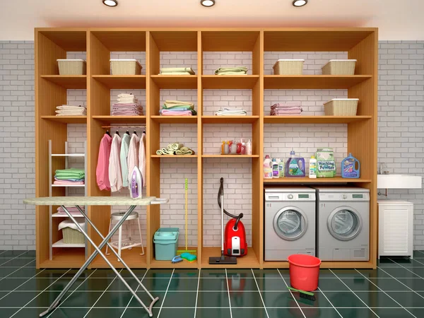 Дизайнерская комната для уборки и чистки предметов. 3d иллюстратор — стоковое фото
