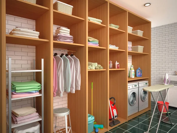 Místnost s regály pro položky čištění a praní prádla. 3D illustratio — Stock fotografie