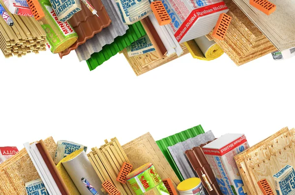 İnşaat malzemeleri beyaz izole sayfanın kenarında kümesi. 3D çizim