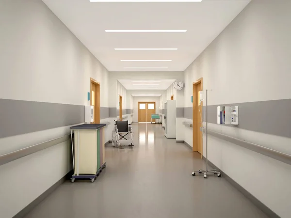 Derin hastane koridorunda, Mimarlık ve sağlık. 3D çizim — Stok fotoğraf